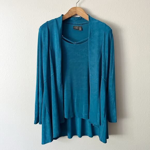 Two Piece Travelers by Chico’s Size 2 Teal Blouse & Cardigan Women’s Size Large - Picture 1 of 13